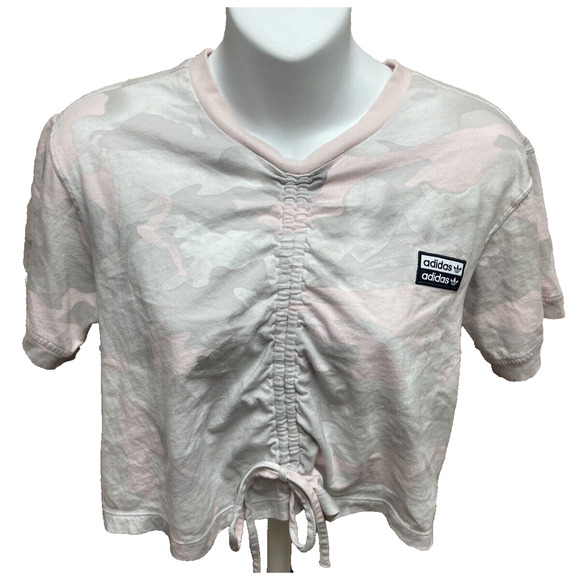 Adidas Womens Crop Top Shirt Size Small Cinch Front Pink Camo Short Sleeve - Picture 1 of 11